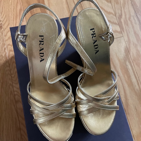 Prada Metallic Gold Wedge Sandals – Luxury Designer, Size 35.5 - Picture 1 of 5